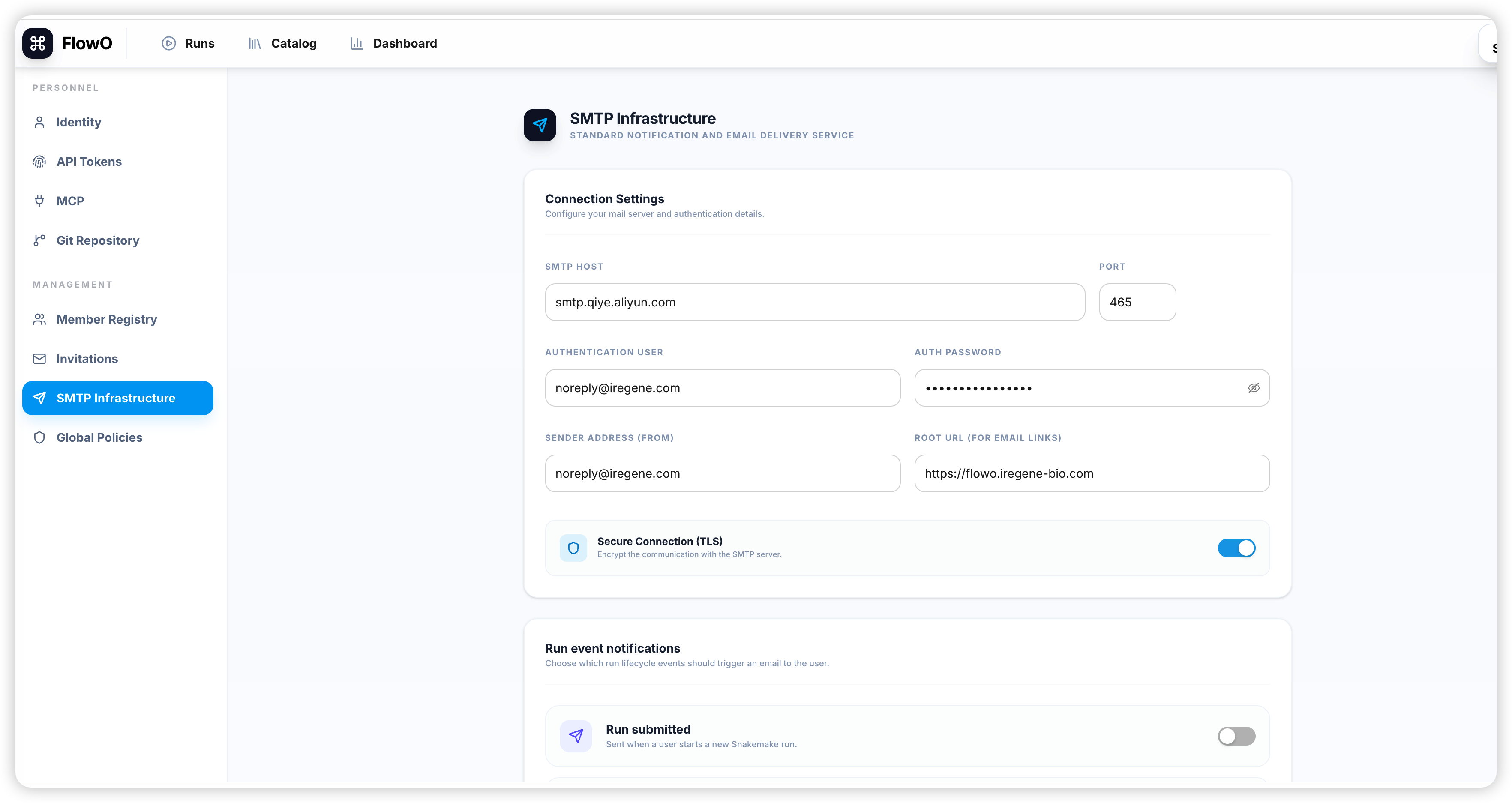 SMTP infrastructure settings in the admin UI